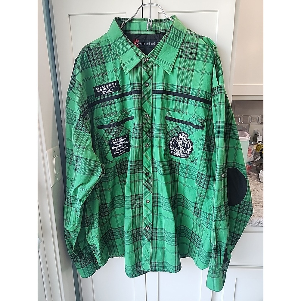 Vintage Old Skool Shirt Men Sz 5x 90s  '96 patch long Sleeve Button green Y2k